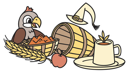 An adorable  Hawk with a Funny vibe, sitting in a teacup ride, and a Grateful Harvest Thanksgiving theme – SVG style