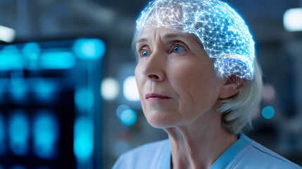 Elderly woman undergoing brain scan with digital hologram overlay in medical imaging room.
