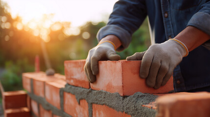 Construction worker laying bricks and applying mortar at a building site. 
