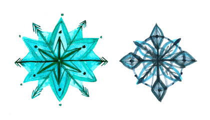 Two snowflake designs illustrate artistic talent, one in turquoise with sharp edges and the other in deep blue featuring softer curves, both vibrant and imaginative creations.