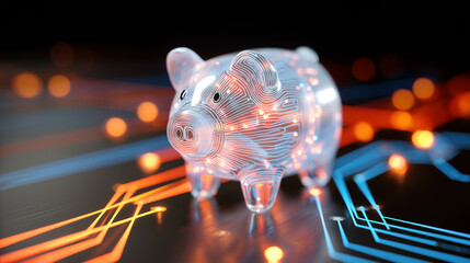 Futuristic transparent piggy bank with glowing circuits on a digital background.
