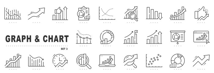 Graph and chart icons for analytics and data dashboards, showing growth trends, forecast metrics, KPI, performance, and business reporting insight