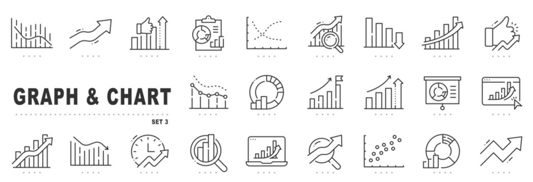 Graph and chart icons for analytics and data dashboards, showing growth trends, forecast metrics, KPI, performance, and business reporting insight