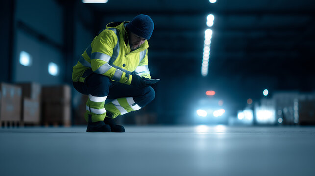 Warehouse worker wearing high-visibility safety clothing checking data on a digital device at night.