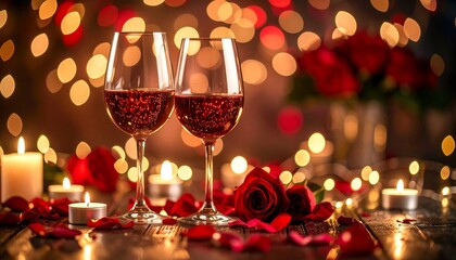 Romantic Wine Toast with Candlelight, Roses, and Bokeh Lights for a Special Celebration