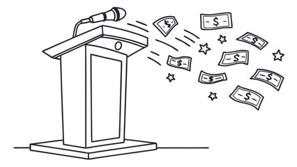 Podium with Microphone Emitting Money Bills and Stars - Financial Public Speaking Illustration