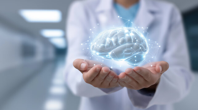 Doctor in white coat presenting a glowing holographic brain in a hospital setting.
