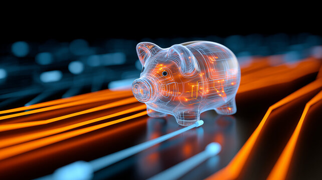 Futuristic transparent piggy bank with glowing circuits on a digital background.
