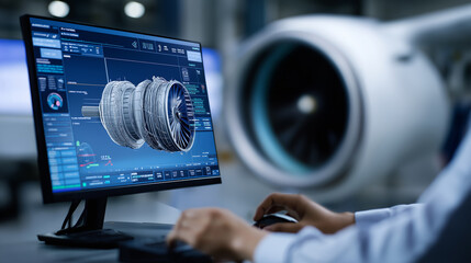 Engineer examining digital 3D model of a jet engine turbine on a computer screen in aerospace facility. 

