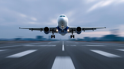 Obraz premium Commercial airplane taking off from runway at sunrise captured from ground level. 