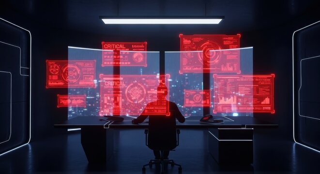 Futuristic Control Room with Holographic Displays and Operator Monitoring Critical Data for Cyber Security and Advanced Technology Development