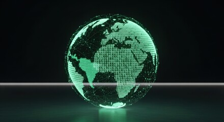 Global digital network sphere with binary code overlay representing worldwide connection and data transfer communication technology concept