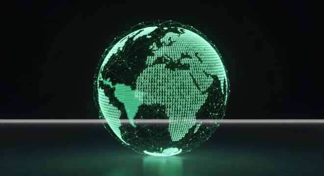 Global digital network sphere with binary code overlay representing worldwide connection and data transfer communication technology concept