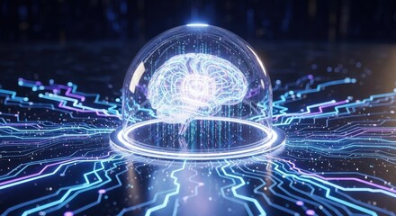 Glowing Brain Under Glass Dome with Circuit Board Background AI Concept and Futuristic Technology Symbolism