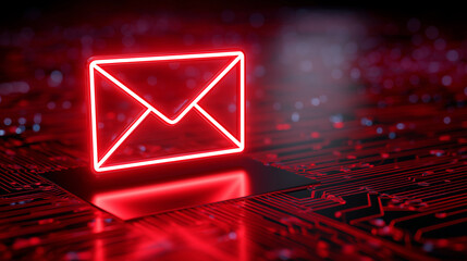 Glowing red email icon above a circuit board representing digital communication and cybersecurity.