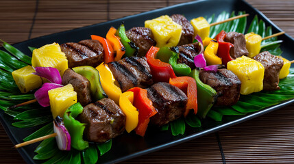 Grilled meat and vegetable skewers with pineapple served on a plate during an outdoor dining experience.
