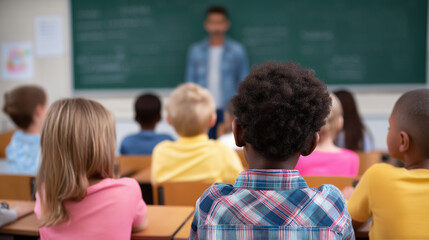 Fototapeta premium Group of elementary school children sitting in a classroom and listening to a teacher at the chalkboard. 
