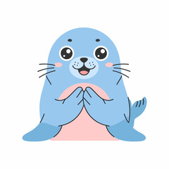 Cute Blue Seal with Big Eyes and Paws Together Cartoon Style.