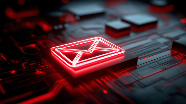 Glowing red email icon above a circuit board representing digital communication and cybersecurity.
