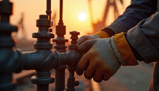 Close-up of worker gloved hands adjusting valves on oil rig equipment at sunset. Industrial oil extraction operation with pipelines and machinery, showcasing manual labor and energy sector work.