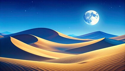 Desert landscape under moonlit sky with rolling dunes and celestial elements