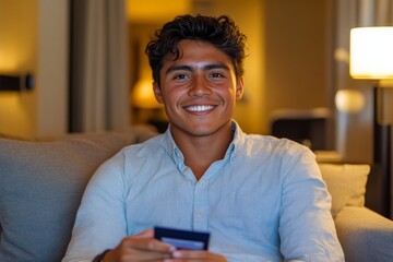 Smiling young Hispanic man sitting on sofa at home in a hotel, using a credit card and phone, Generative AI