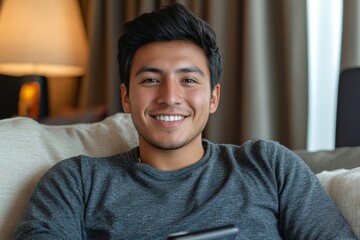 Smiling young Hispanic man sitting on sofa at home in a hotel, using a credit card and phone, Generative AI
