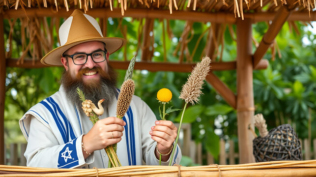 happy Sukot. Jewish man holding four traditional species of Sukkot holiday. happy sukkot in Hebrew.