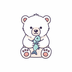 Adorable Cartoon Polar Bear Sitting and Holding a Blue Fish with Cute Expression.