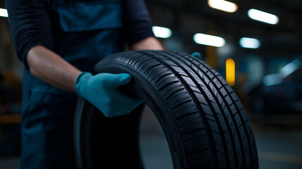 Mechanic holding a new tire in a workshop wearing protective gloves during auto service work.
