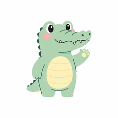 Cartoon Alligator Waving with Light Green Scales and Cream Colored Belly.