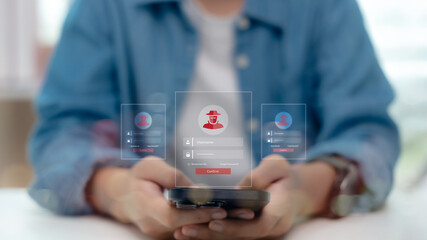 Web phishing concept with man holding smartphone, fake login page and hacker icon representing...