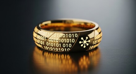 Golden Ring with Binary Code and Star Design Symbolizing Digital Connection and Modern Technology for Futuristic Fashion Statements