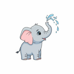 Adorable Cartoon Elephant Sprinkling Water from its Trunk Playful and Cheerful.