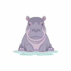 Adorable cartoon baby hippopotamus purple-grey calf sitting in water featuring small ears and wide snout.