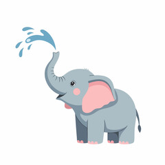 Adorable cartoon baby elephant spraying water from its trunk with joy.