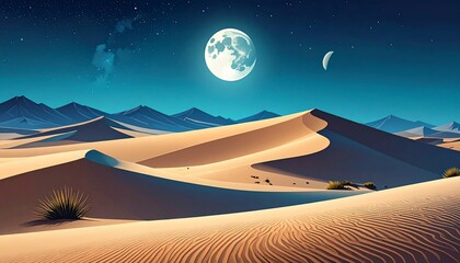 Desert nightscape featuring dunes, celestial bodies, and mountains under a twilight sky