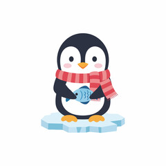 Cute cartoon penguin wearing a striped scarf holding a blue fish standing on ice.
