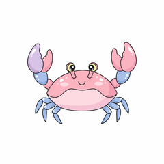 Cartoon Pink Crab with Blue Claws and Legs Smiling Face Cute Design.