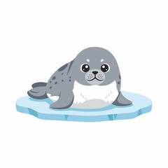 Adorable Cartoon Seal Resting on a Blue Ice Floe Smiling and Playful.