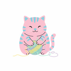 Adorable Pink Cat with Teal Stripes Holding Yarn Ball.
