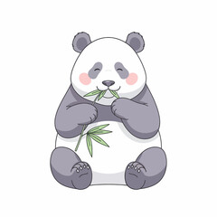 Adorable Cartoon Panda Enjoying Bamboo Leaves.