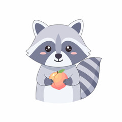 Cartoon Raccoon Holding a Peach with Striped Tail and Gray Fur.