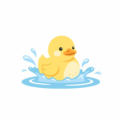Cartoon Yellow Rubber Duck Floating in Blue Water with Splashes.