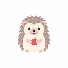 Cute Cartoon Hedgehog Holding a Red Apple with Spiky Brown Quills and Smiling.