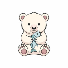 Cute cartoon polar bear sitting holding a blue fish with pink paw pads and ear details.