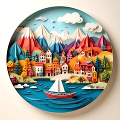 Fototapeta premium Paper Art Village in a Circle, Whimsical Paper Craft Landscape with Colorful Mountains and a Red Sailboat
