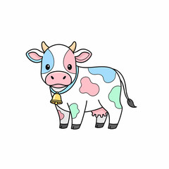 Adorable Pastel Cow Cartoon Illustration: A charming small cow with light pink blue and green spots wearing a gold bell.