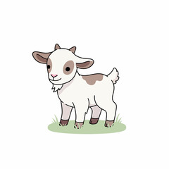 Adorable Cartoon Kid Goat White with Brown Patches Standing in Grass.