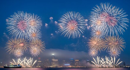 Obraz premium Spectacular fireworks display over city skyline, celebrating New Year's Eve with vibrant colors